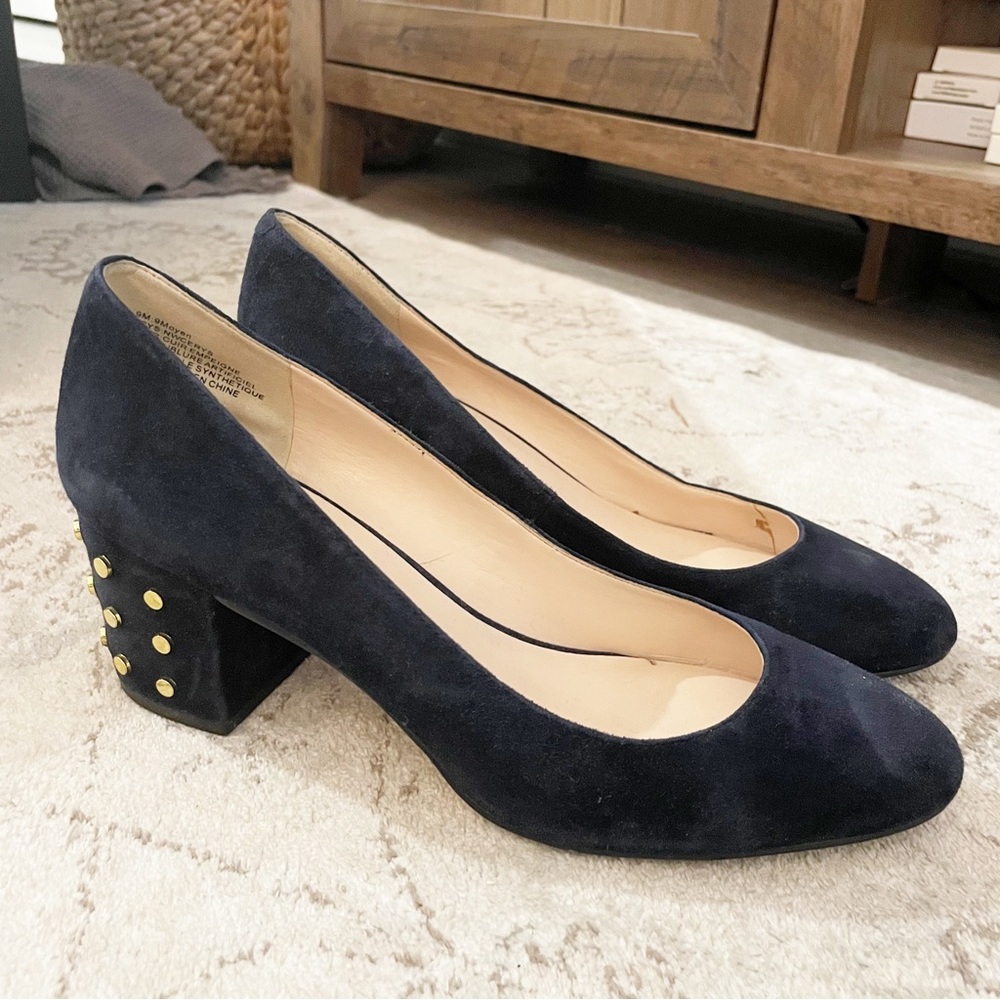 Nine West Blue Suede Block Heels with Gold Studded Heel Size 9